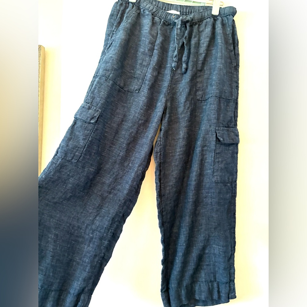 Nicole Miller Dark Blue denim linen cropped Cargo Pants M